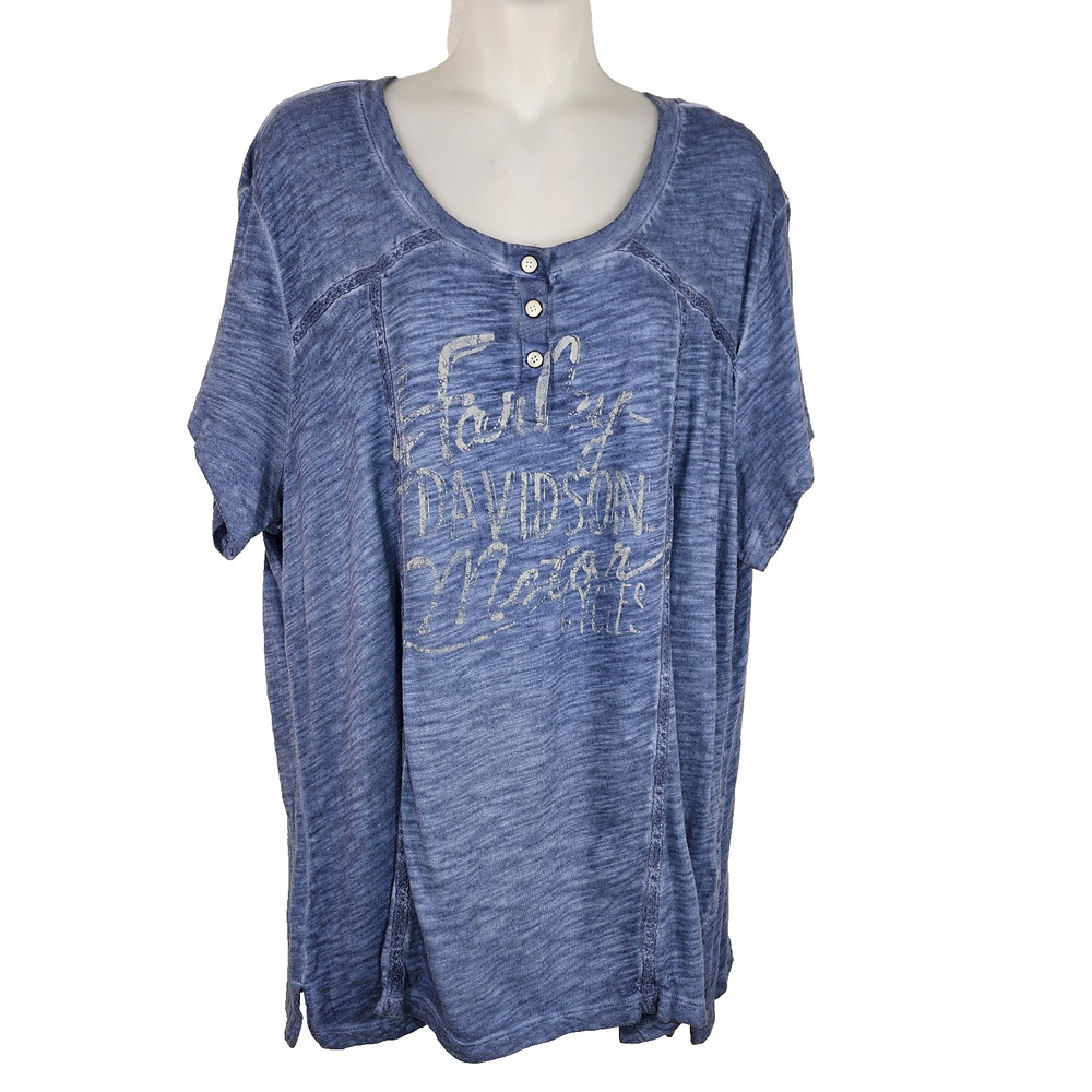 Harley Davidson Motorcycle Women's Henley Shirt Blue Short Sleeve Graphic 2XL